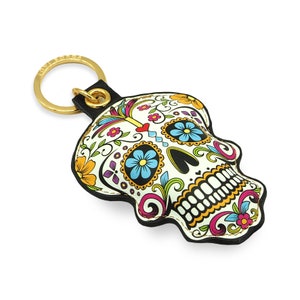 Calavera de azúcar de cuero, Día de los Muertos, llavero del Día de Muertos, llavero, dije para bolso, calavera mexicana