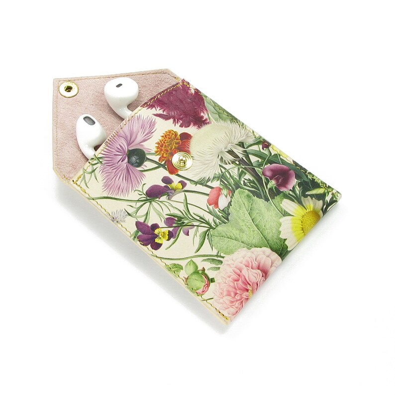 Real leather Headphone Pouch Jewellery Pouch Nature Flower Print Leather Purse Coin Pouch Gardeners Gifts for Women English Summer