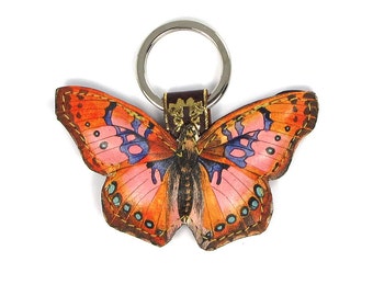 Leather butterfly keychain / key ring / bag charm - Pink Cocktail Butterfly