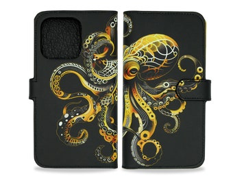 Tattoo Octopus, leather iPhone 15 Pro Max case, iPhone folio case, iPhone 13 Pro, Tattoo phone case, iPhone 14 Pro leather phone case