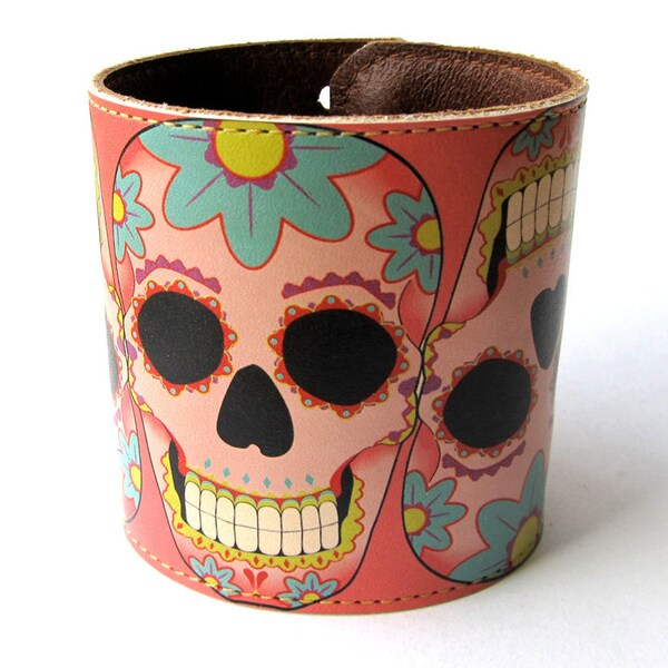 Leather cuff/ wallet wristband - Sugar skull tattoo design in pink