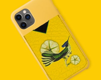 Stick-on Phone Card case for your Phone | Monogram personalisation - Leather Credit Card Case / hummingbird Print Leather Sticker