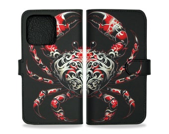 Tattoo Crab, leather iPhone 15 Pro Max case, iPhone folio case, iPhone 13 Pro, Tattoo phone case, iPhone 14 Pro leather phone case