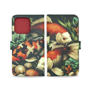 Koi Carp leather iPhone 15 Pro Max case, iPhone 14 Pro, iPhone 13 Pro, Koi Carp phone case, iPhone 14 Pro leather phone case