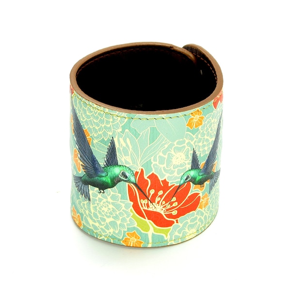 Leather Cuff / Wallet cuff - Hummingbirds in floral bliss
