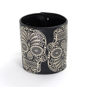 Leather cuff, wallet cuff, wallet wristband - Black sugar skull / Halloween - Day of the dead special