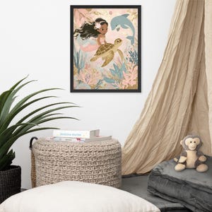 Arte incorniciata per bambini, Amici del corallo, colori pastello tenui e dettagli glitterati dorati, carta opaca di qualità museale con cornice in legno rinnovabile