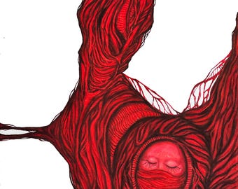 Puede incluir: Una pintura abstracta y surrealista con una textura roja, carnosa y orgánica. Dos caras con los ojos cerrados están incrustadas en la textura, lo que sugiere una sensación de vulnerabilidad y encierro.