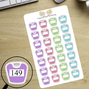 May include: A sticker sheet featuring twenty-eight individual bathroom scale stickers in purple, pink, green, and blue. Each scale has a white rectangular space for writing. The top includes the text Twice As Nice Lettering with two cartoon characters.