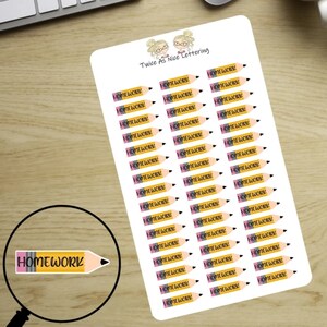 May include: A sheet of 48 yellow pencil stickers with the word "HOMEWORK" written on each one. The pencils are pink and yellow with black stripes.