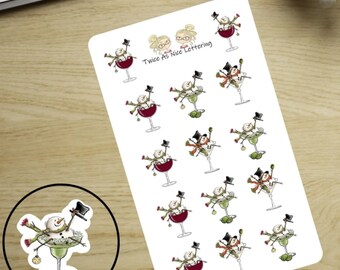 May include: A sheet of stickers featuring 16 illustrations of snowmen in various poses, each holding a cocktail glass. The text "Twice As Nice Lettering" appears at the top of the sheet.