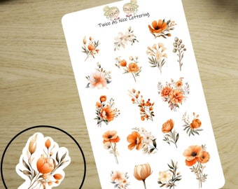 May include: A sheet of stickers featuring 20 orange and white floral designs. The stickers are on a white background and have the text "Twice As Nice Lettering" at the top.