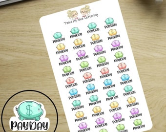 May include: A sticker sheet featuring multiple rows of small, colourful piggy bank illustrations in shades of blue, green, yellow, pink, and orange. Each piggy bank is paired with the word PAYDAY in black text. The top includes the text Twice As Nice Lettering.