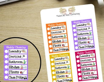 May include: Set of six colorful checklist stickers with the text "Weekly Cleaning" and a list of household chores including laundry, dusting, bathroom, kitchen, floors, and clean fridge. Each sticker has a different color and a small icon representing the chore.