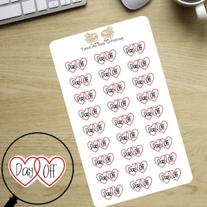 May include: A sheet of stickers with 36 red heart-shaped stickers with the text "Day Off" written in black inside each heart.