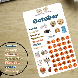 May include: October calendar sticker sheet with a fall theme. The sheet features a list of days of the week, numbers 1-31, and various fall-themed illustrations, including pumpkins, leaves, and a sweater weather graphic.