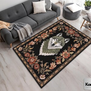 Floral Colorful Wolf Rug For Moody Room Decor, Maximalist Dark Rug For Dark Academia Room Decor, Wolf Home Decor Rug, Wolf Gift Washable Rug
