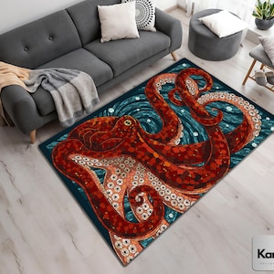 Octopus Rug, Living Room Bedroom Beach House Decor Carpet, Housewarming Gift, Magical Octopus Rug, Mosaic Pattern Rug, Colorful Rug Carpet