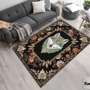 Floral Colorful Wolf Rug For Moody Room Decor, Maximalist Dark Rug For Dark Academia Room Decor, Wolf Home Decor Rug, Wolf Gift Washable Rug