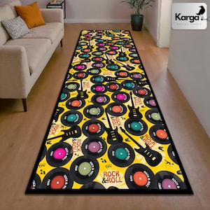 Runner Retro Music Rug, Record Decor Rug, Record Player Rug, Music Accessory Rug, Record Patterned Rug,Old Wooden Record,Vinyl Record Player