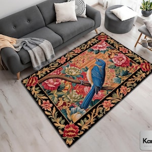 Cozy Aesthetic Bird Rug, Floral Bedroom Decor, Aesthetic Flower and Bird Rug, Forest Mystical Bird Rug, Botanical Forest Bird Pattern Rug
