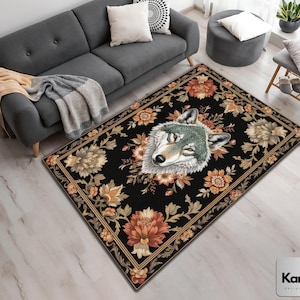 Floral Colorful Wolf Rug For Moody Room Decor, Maximalist Dark Rug For Dark Academia Room Decor, Wolf Home Decor Rug, Wolf Gift Washable Rug