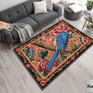 Cozy Aesthetic Bird Rug, Floral Bedroom Decor, Aesthetic Flower and Bird Rug, Forest Mystical Bird Rug, Botanical Forest Bird Pattern Rug