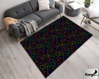 Neon Arcade Game Room Rug: Colorful Patterned Carpet - Etsy
