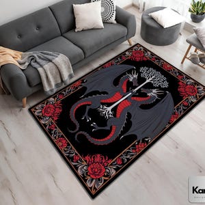 Fantasy Inspired Area Rug, Dark Academia Gothic Book Nook Decor, Fairycore Bedroom Magical Dragon Aesthetic Maximalist Rug For Game Room