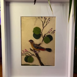 Op de afbeelding: Een ingelijst kunstwerk met een gedetailleerde illustratie van een vogel op een tak met groene bladeren en roze bloemen. De vogel heeft bruine, gele en rode markeringen. Het kunstwerk is in een witte lijst.