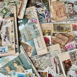 Diario di viaggio degli esploratori, effimeri, cartoline originali vintage, francobolli, banconote, illustrazioni, album di ritagli, materiali per collage, artigianato