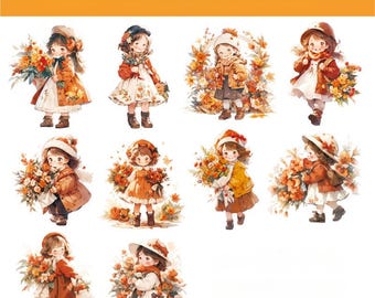 10 pcs Autumn Girl Bouquet Stickers | Fall Aesthetic Watercolor Sticker Set for Journaling, Scrapbooking, Pen Pal & Cozy Stationery Gift