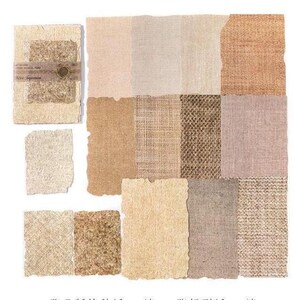 May include: A collection of various textured paper and fabric swatches in neutral tones. The samples include shades of beige, brown, and cream, with visible textures like woven patterns and rough edges. Some swatches are layered and bound with a label.