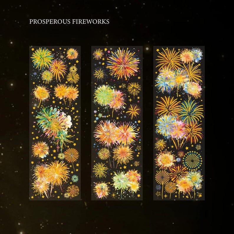 May include: Three vertical strips featuring colorful fireworks illustrations on a black background. The fireworks are depicted in shades of yellow, orange, green, and blue, with star-like accents. The text "PROSPEROUS FIREWORKS" is at the top.