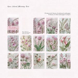 May include: A collection of Rose Colored Morning Dew stationery featuring 23 sheets total, including 3 sheets of embossed earth paper with convex relief and 10 sheets of white kraft paper in 2 layers, displaying various pink floral and butterfly designs.