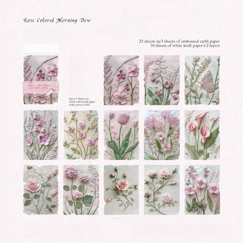May include: A collection of Rose Colored Morning Dew stationery featuring 23 sheets total, including 3 sheets of embossed earth paper with convex relief and 10 sheets of white kraft paper in 2 layers, displaying various pink floral and butterfly designs.