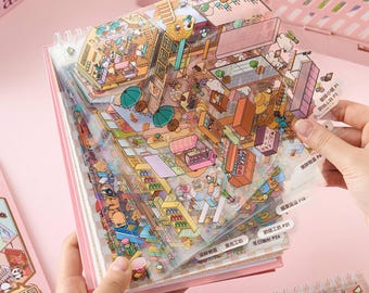 20 Kawaii 3D Isometric Scene Sticker Book | 29 pcs PET Sticker Sheets with Sunshine Town theme for Junk Journal, Scrapbooking & Planner