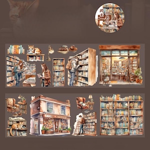 May include: Decorative washi tape featuring watercolor illustrations of a bookstore, bookshelves, and people browsing books. The tape includes images of cats, lamps, and the text "CHARIE BETHORMIN".