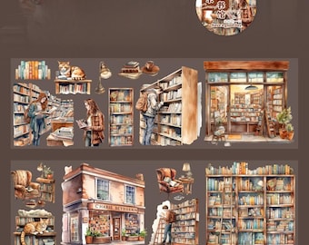 May include: Decorative washi tape featuring watercolor illustrations of a bookstore, bookshelves, and people browsing books. The tape includes images of cats, lamps, and the text "CHARIE BETHORMIN".