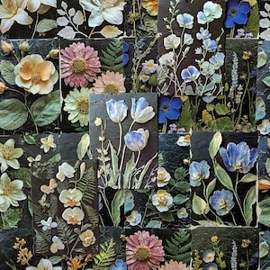 May include: A collage of rectangular tiles featuring pressed flowers and foliage on dark, textured backgrounds. The collection displays various botanical specimens including white lilies, pink daisies, blue tulips, and green ferns in a grid arrangement.