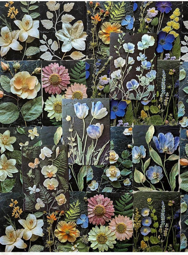 May include: A collage of rectangular tiles featuring pressed flowers and foliage on dark, textured backgrounds. The collection displays various botanical specimens including white lilies, pink daisies, blue tulips, and green ferns in a grid arrangement.