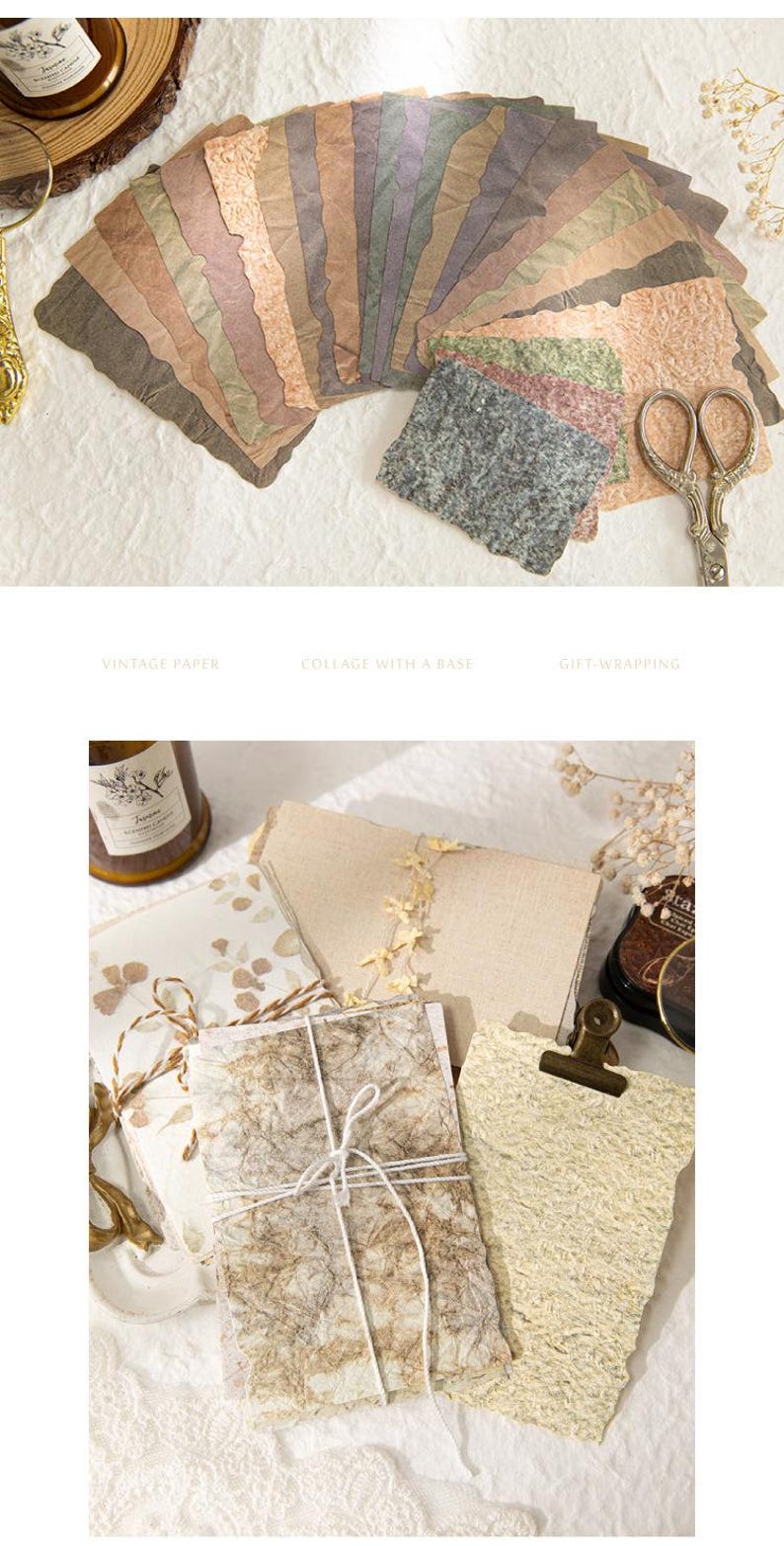 May include: A collection of handmade vintage paper in various earth-tone colors, including brown, beige, and green. The paper has a textured, organic appearance, suitable for collage and gift wrapping. A pair of scissors is also visible.