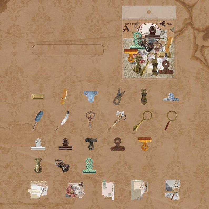 May include: A collection of vintage-style paper clips, scissors, magnifying glasses, and decorative elements. The items are arranged on a patterned brown background, with a clear plastic package containing similar items in the upper right corner.
