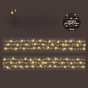 May include: Two strings of warm white star-shaped fairy lights against a dark brown background. A circular graphic with text that reads "Star Light Curtain" is in the upper right corner. Two small yellow stars are in the upper left corner.