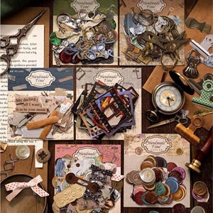May include: A collection of vintage-style craft supplies, including paper ephemera, decorative seals, and small metal embellishments. The items are arranged on a wooden surface, with the words "Handmade Time" visible on several cards. A magnifying glass and scissors are also present.