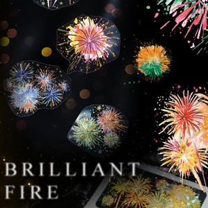 May include: A collection of colorful fireworks stickers in various shapes and sizes, with a black background. The stickers feature vibrant hues of orange, yellow, green, and pink, with the words "BRILLIANT FIREWORKS" at the bottom.