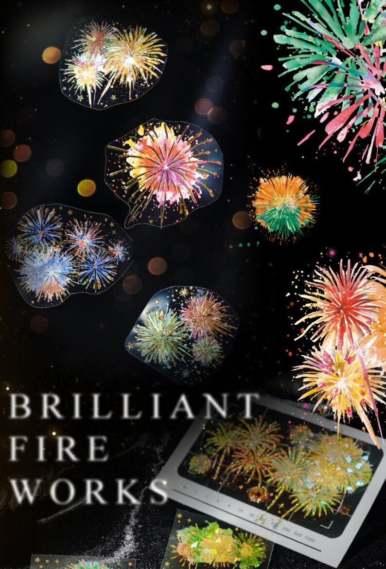 May include: A collection of colorful fireworks stickers in various shapes and sizes, with a black background. The stickers feature vibrant hues of orange, yellow, green, and pink, with the words "BRILLIANT FIREWORKS" at the bottom.