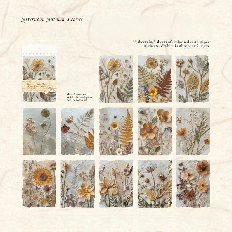 May include: A collection of 23 sheets of paper titled Afternoon Autumn Leaves, featuring 3 sheets of embossed earth paper with convex relief and 10 sheets of white kraft paper in two layers, each displaying various botanical illustrations of flowers and ferns.