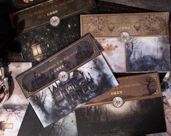 May include: A collection of vintage-style stationery sets with gothic illustrations. Each set features a dark color palette with images of haunted houses, forests, and lanterns. The sets are adorned with skull-shaped embellishments and text in English and Chinese.