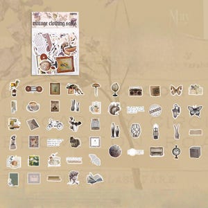 Pegatinas vintage, pegatinas de PET, pegatinas decorativas para scrapbooking, diarios, planificadores y manualidades retro (50 unidades)